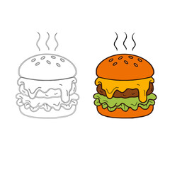 Hot Burger Vector with Steam, Melting Cheese in Flat and Line Style. A vector pack of two burgers, a steaming hot cartoon burger with melted cheese and its matching outline version. doodle burger.