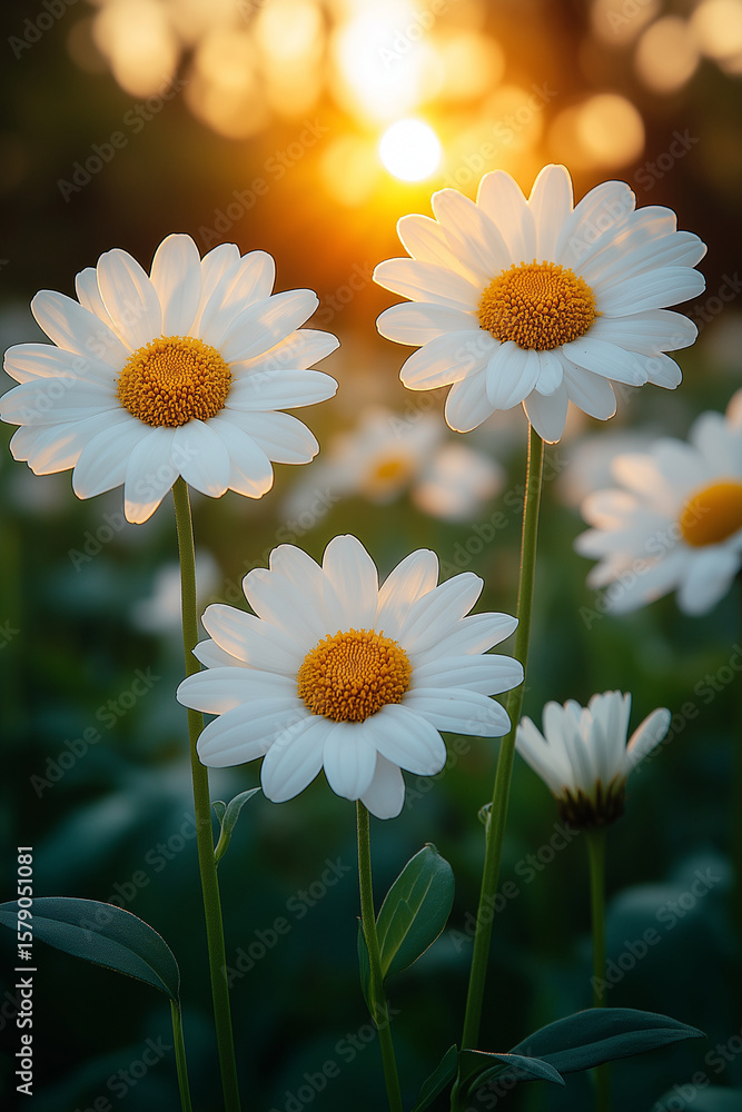 Poster close up of daisies in a field with a bright light in the background
