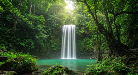 Lush rainforest with waterfall cascading into a turquoise pool surrounded by greenery