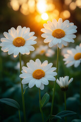 Close up of daisies in a field with a bright light in the background