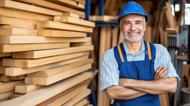 Smiling carpenter stands next to a wood stack wearing safety helmet
