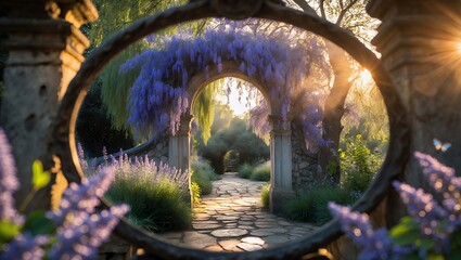 Obraz premium Wisteria arches and stone pathway in scenic garden landscape