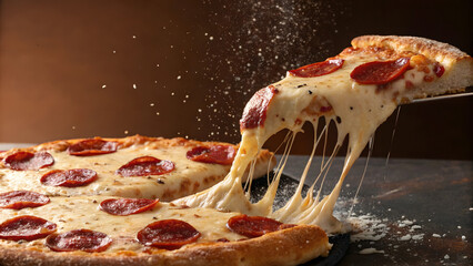 A delicious pepperoni pizza with a slice being lifted showcasing long strings of melted mozzarella cheese stretching and falling creating a tempting and appetizing food photography scene