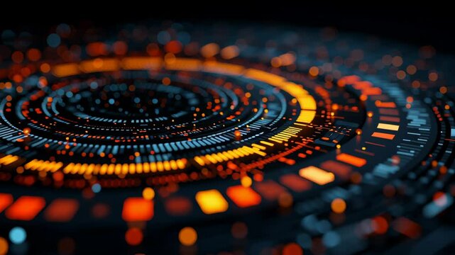 Circular neon data interface glowing with orange and blue lights creating futuristic digital technology design vibrant abstract pattern seamless