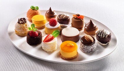 assorted miniature desserts on a white plate