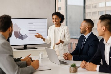 Confident businesswoman presenting financial data with diverse colleagues in a modern office boardroom creating collaborative and positive atmosphere.