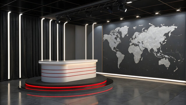 Modern news studio with a sleek white and red desk on a circular platform illuminated by red led lights featuring a world map backdrop and vertical white led strip lights against dark curtains - Powered by Adobe