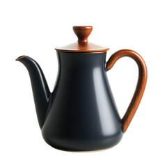 Elegant black ceramic teapot with wooden handle and lid cutout isolated on transparent bg, png