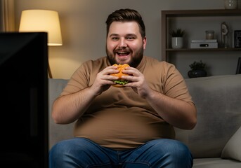 Overweight man enjoys a burger while watching television on the sofa in his cozy living room at home
