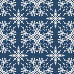 Fantasy ornament. Seamless pattern with light flowers on blue background. Vector. Template for fabric and textile, wallpaper, packaging, cover.