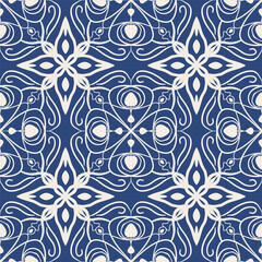 Floral seamless pattern on blue background. Vector. Ornament, traditional, ethnic, arabic, turkish, indian, motifs. Hand drawn abstract background.
