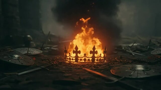 Fierce battle scene with flaming fire pit surrounded by shields and swords in a dark fantasy setting