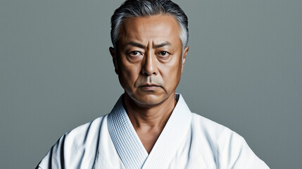 Fototapeta premium Portrait of a focused Asian martial artist wearing traditional uniform