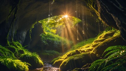Sunlight in mossy cave landscape