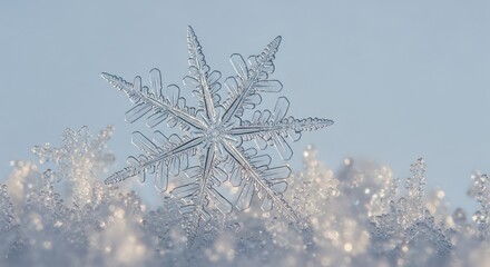 A macro photograph showcasing a delicate, crystalline snowflake resting on a snowy surface, with other ice crystals.