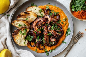 a grey plate with Grilled Octopus and red beard, on the side of it is bread and more octopuses on top of a vibrant orange coral sauce.