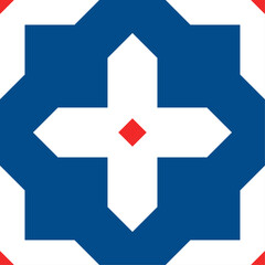 Geometric pattern tile, overlapping blue, white and red shapes, symmetrical endless design with sense of balance.