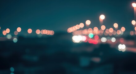 Abstract blurred view of a highway at night, with city lights.