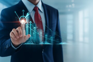 Businessman touches glowing target amidst rising graphs, symbolizing ambition, success, and business growth in the modern digital age, illustrating strategic financial insights.