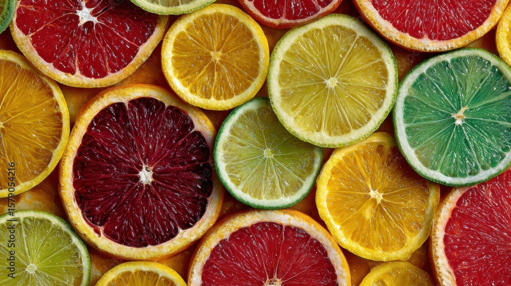 Poster vibrant cross-section of assorted citrus fruits arranged in beautiful concentric circles showcasing 