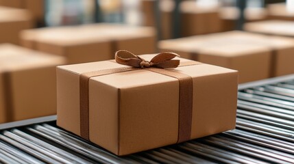 Detailed Shot of Brown Parcel with Golden Ribbon on Metallic Conveyor Belt
