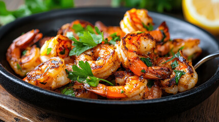 Fototapeta premium Delicious grilled shrimp garnished with fresh herbs, served in black bowl, perfect for seafood lovers