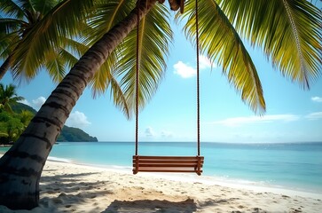 Tranquil Caribbean Beach Vacation Wooden Swing, White Sand, Azure Water ai generated