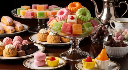 Elegant Dessert Buffet Featuring Petit Fours, Macarons, Cream Puffs, and Fruit-Shaped Candies on Fine China — Gourmet Confection Display for High Tea, Bakery Promotions, and Culinary Editorials