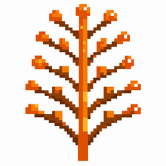 Fototapeta premium Pixel art autumn tree with orange branches and geometric symmetry, isolated on white retro digital plant illustration