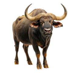 Fototapeta premium African buffalo standing calmly on grassy plains, close-up view cutout isolated on transparent bg, png