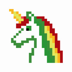 Pixel unicorn illustration with rainbow mane retro 8 bit mythical creature art, green, yellow, and red fantasy animal