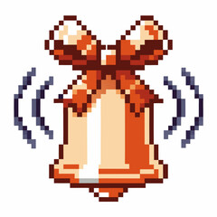 Pixel art notification bell with red ribbon, ringing digital icon retro alert, gaming interface, online message symbol