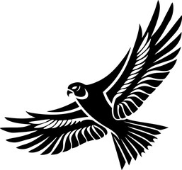Obraz premium Flying falcon spreading wings in mid air black and white illustration of majestic bird with detailed feathers soaring gracefully