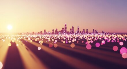 Sunset cityscape panorama with glowing lights and bokeh effect, futuristic city skyline at dawn.