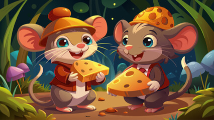 Naklejka premium Two tiny mice share a wedge of cheese under a mushroom. Their cartoon forms are rounded, their expressions gleeful, showing tiny joys of life in a fairytale-style illustration.