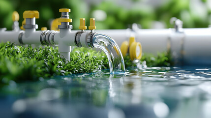 Water flows from pipe surrounded by lush greenery, showcasing serene and eco friendly environment. scene emphasizes importance of water