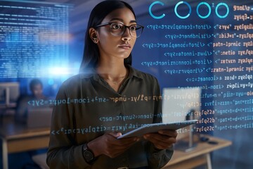 Focused software engineer works with code wearing glasses and holding a tablet in a modern office environment with another coworker in background.