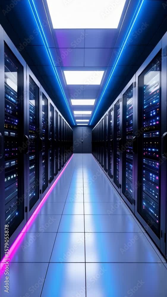 Poster futuristic server room with rows of data storage servers, illuminated by neon lights, featuring a cl