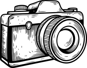 Vintage camera illustration with bold black lines retro analog device with lens and textured details, sketch drawing