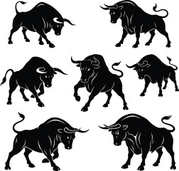 Bull Silhouette Icon Set: Powerful and Dynamic Bull Figures in Various Poses, Perfect for Financial Markets, Sports Teams, and Branding Related to Strength and Determination.