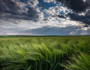 a field of grass with a cloudy sky in the background