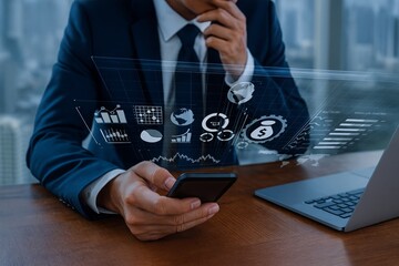 Financial Analyst Integrating Global Data with Smartphone and Laptop, Projecting Future Growth in Modern Office Workspace