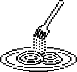 Pixel art pasta dish with fork retro digital illustration of spaghetti on a plate in monochrome style, simple food concept