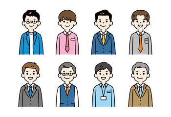 様々な年代のビジネスマンの、カラフルな上半身イラスト素材セット＿ベクター＿カラー