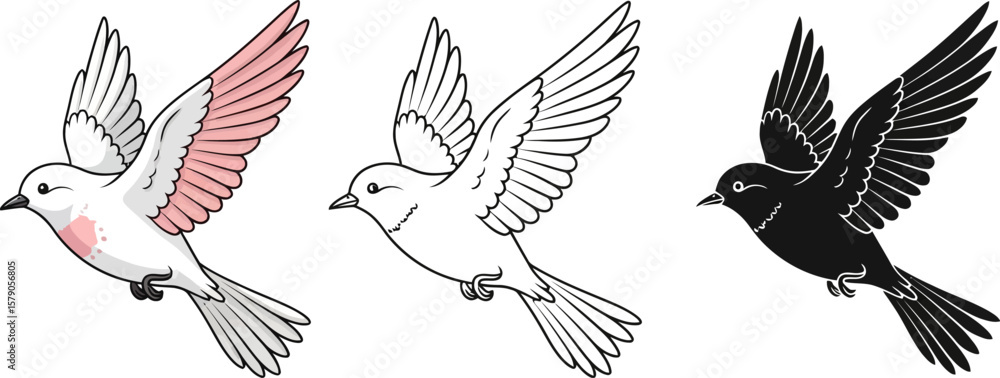 Poster flying bird vector illustration set with different styles for graphic design and creative projects