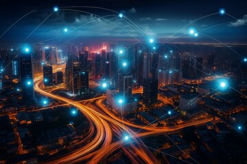 Fototapeta premium Futuristic Cityscape with Glowing Network Connections and Blurring Car Lights Showcasing Technological Advancement and Urban Connectivity in the Night