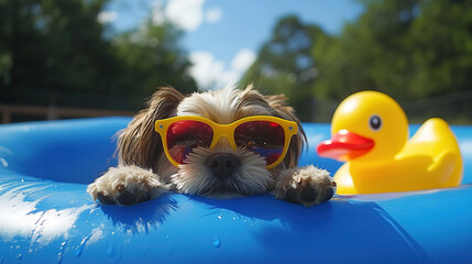 Dog in pool with sunglasses and duck summer fun vacation pet lifestyle adorable canine swimming pool