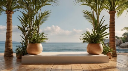 Fototapeta premium Summer podium stage with tropical elements and sunny ambiance—perfect for product presentation, design showcase, branding visuals, and marketing promotions.