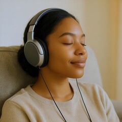 Young woman smiling and listening to music with headphones