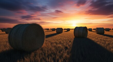 Hay bales cast long shadows across a golden field at sunset.